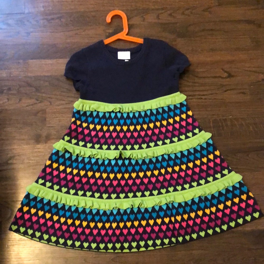 NWT Hanna Anderson navy with colored heart pattern and green ruffles dress